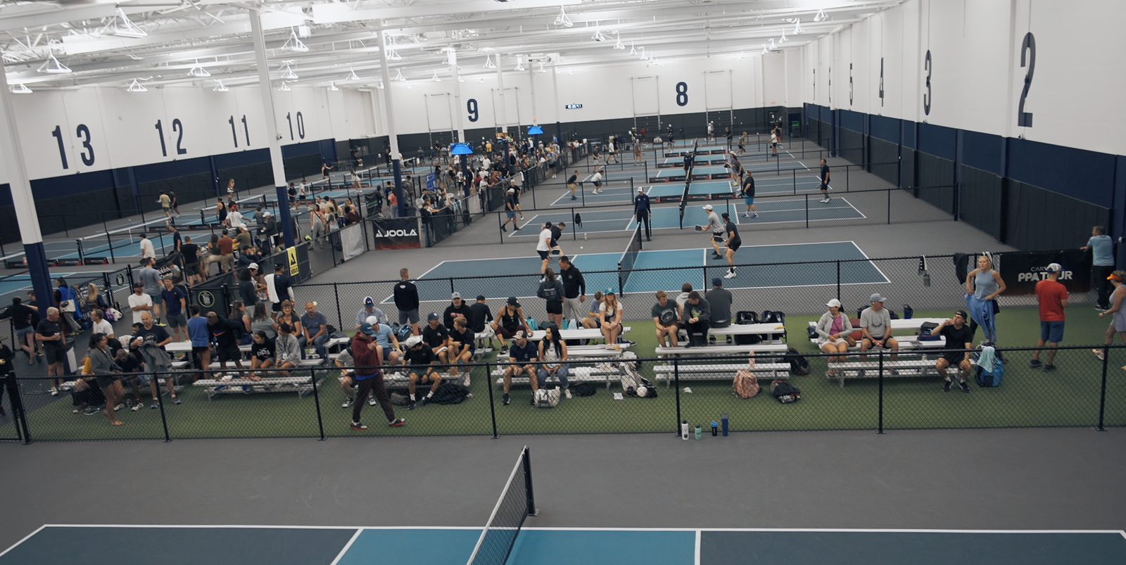 Overhead view of the indoor court complex at The Flying Pickle Meridian
